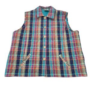 Company Collection Plaid Quilted Vest Women's Size L Button Front Teal Lining